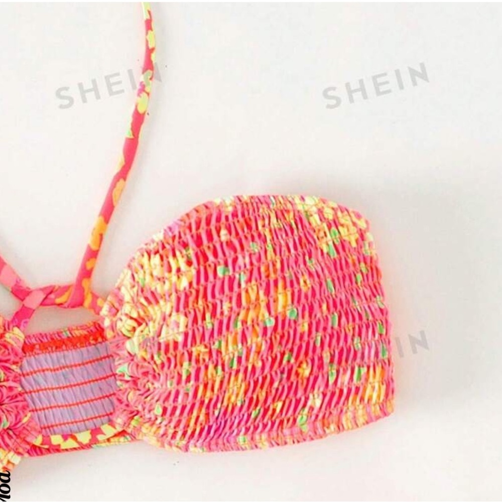SHEIN floral swimsuit bikini 2-piece orange yellow neon swimwear bandeau top XS - Picture 8 of 10